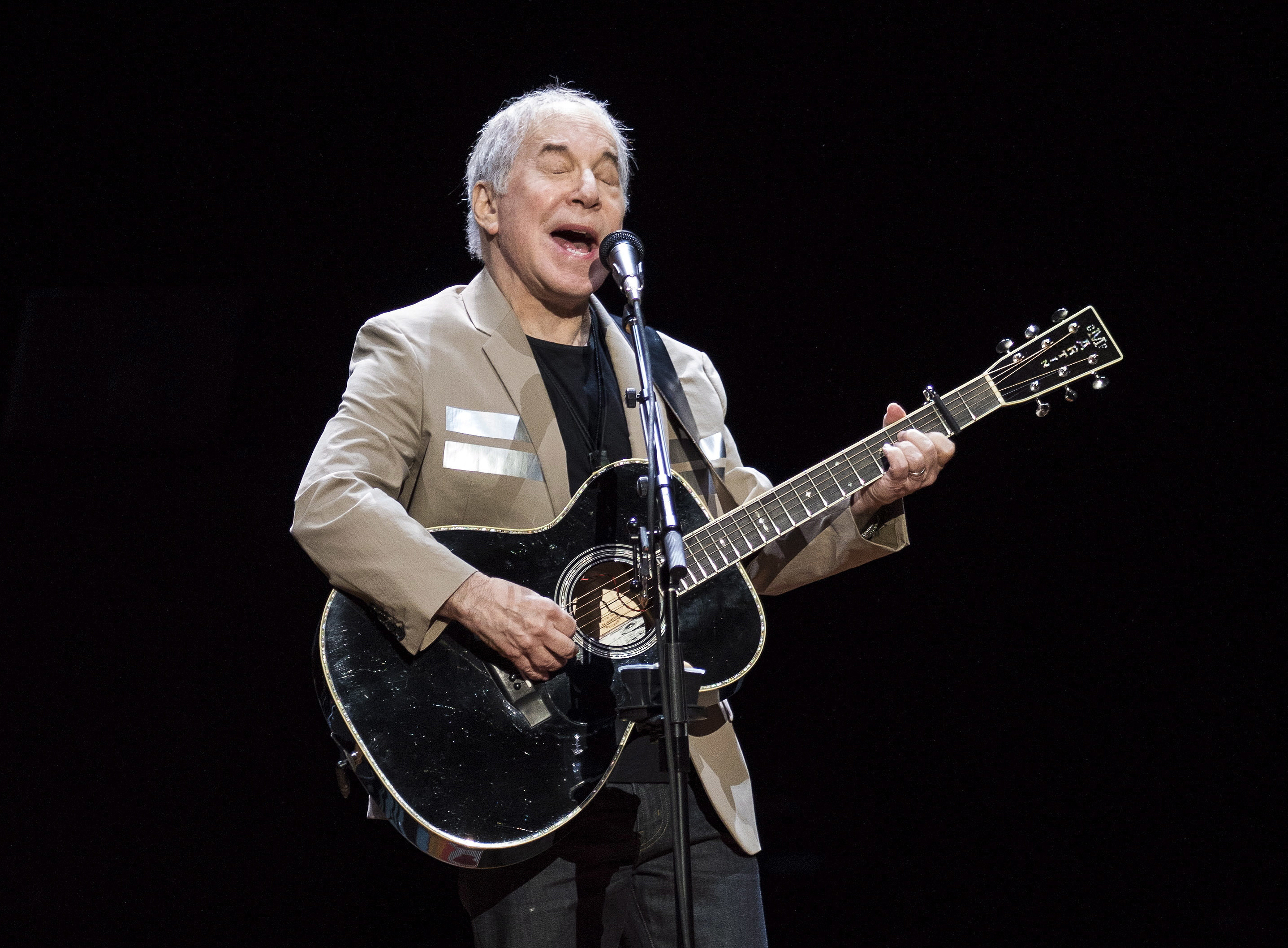 Paul Simon sings and plays guitar.