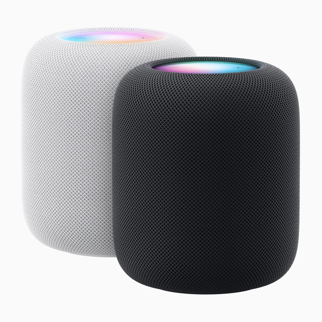 Apple's second-generation HomePod, seen in black and white versions