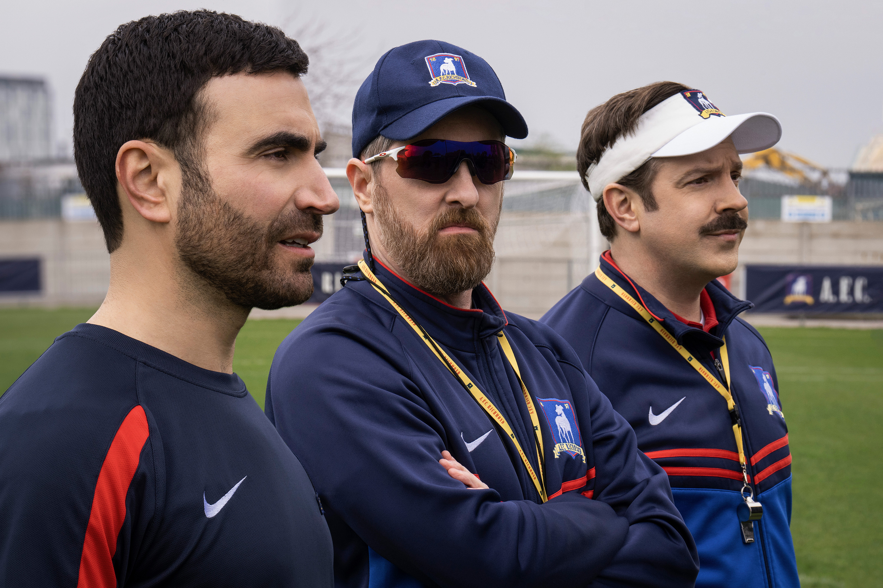 From left, Brett Goldstein, Brendan Hunt and Jason Sudeikis in "Ted Lasso." (Colin Hutton/Apple TV+/TNS)