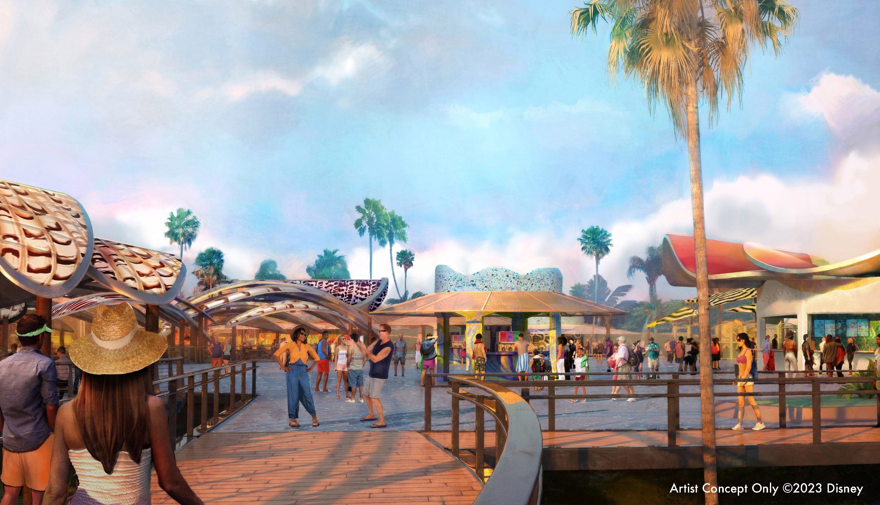 This rendering of Disney Cruise Line's new Bahamas destination Lighthouse Point shows the planned vibrant beach retreat on the southern end of Eleuthera with Bahamas-inspired design. The family dining spot will be located near the beach and water play area. (courtesy Disney Cruise Line)