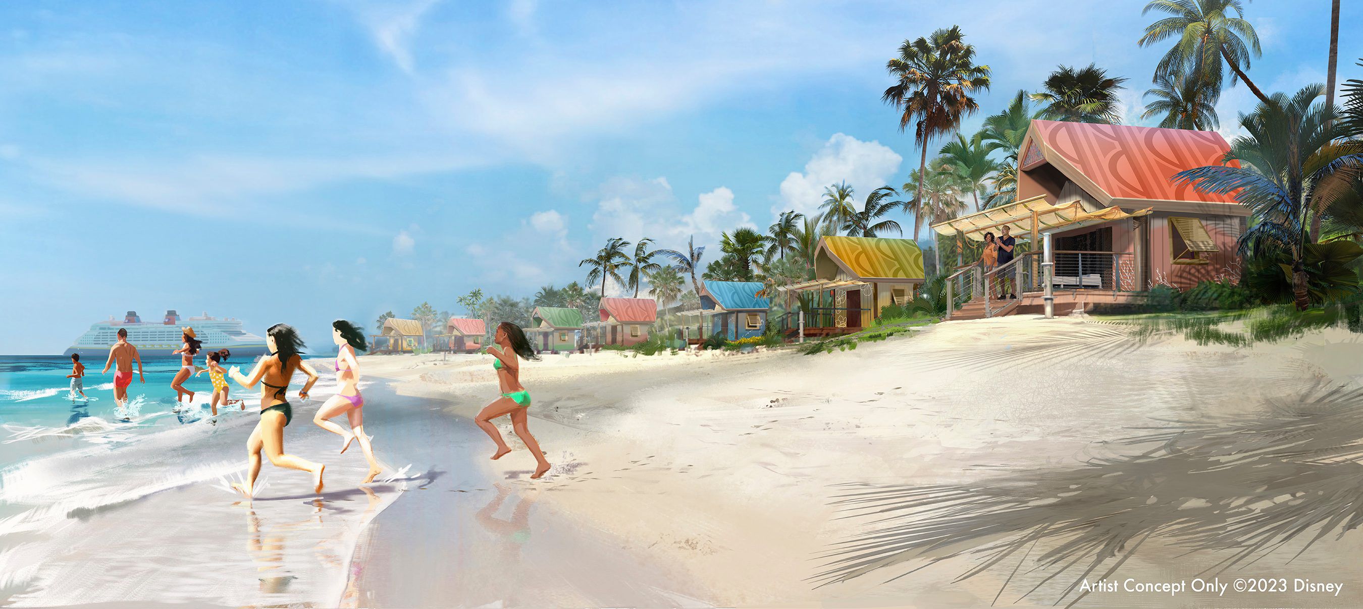 This rendering of Disney Cruise Line's new Bahamas destination Lighthouse Point on the southern end of the island of Eleuthera will include a peaceful beach along the southwestern shore will be lined with 20 premium family cabanas available to rent, including four double cabanas that accommodate larger groups and offer massage services. (courtesy Disney Cruise Line)