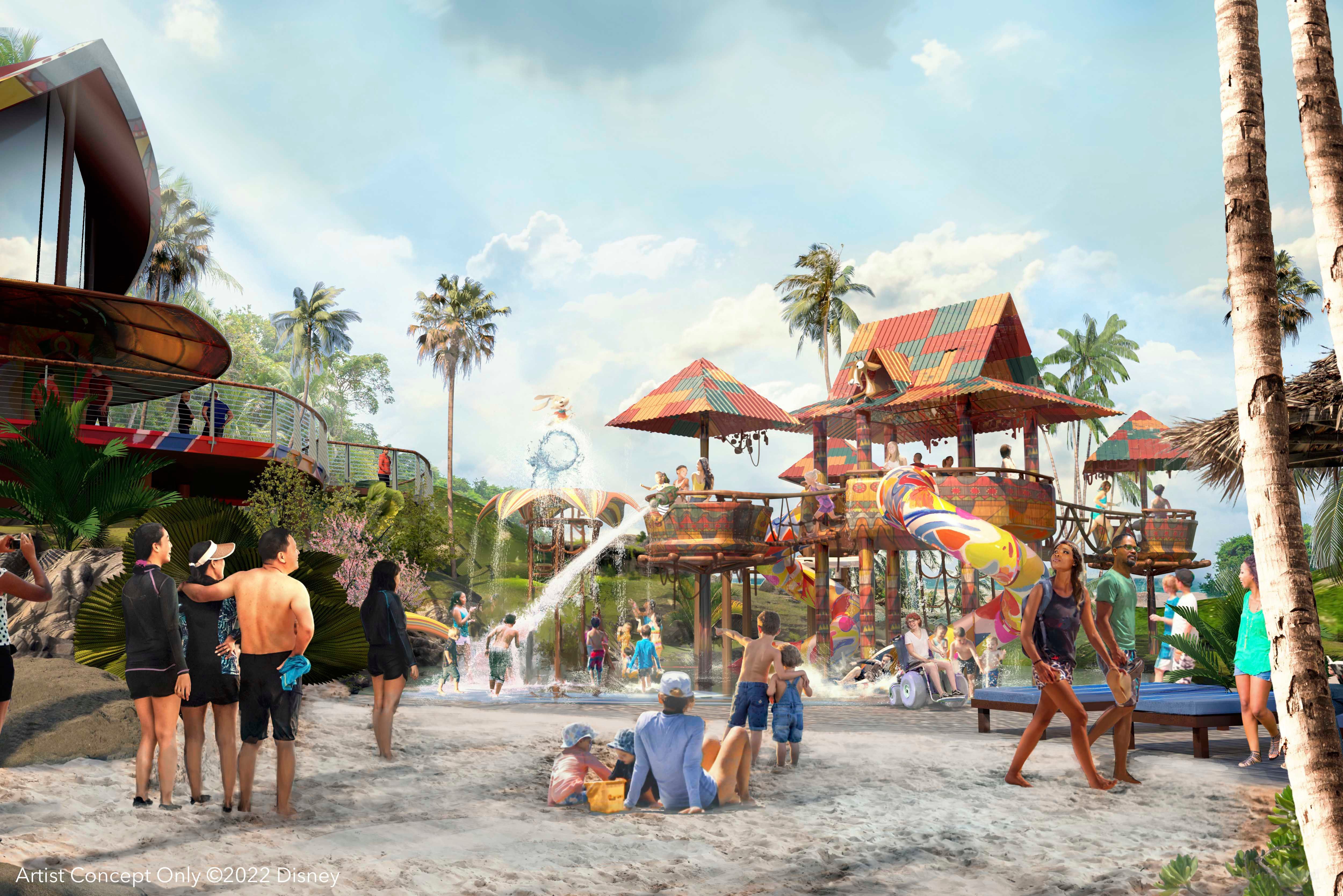This rendering of Disney Cruise Line's new Bahamas destination Lighthouse Point on the southern end of the island of Eleuthera shows an interactive family water play area that will include two slides, water drums, fountains and a dedicated space for toddlers. (courtesy Disney Cruise Line)