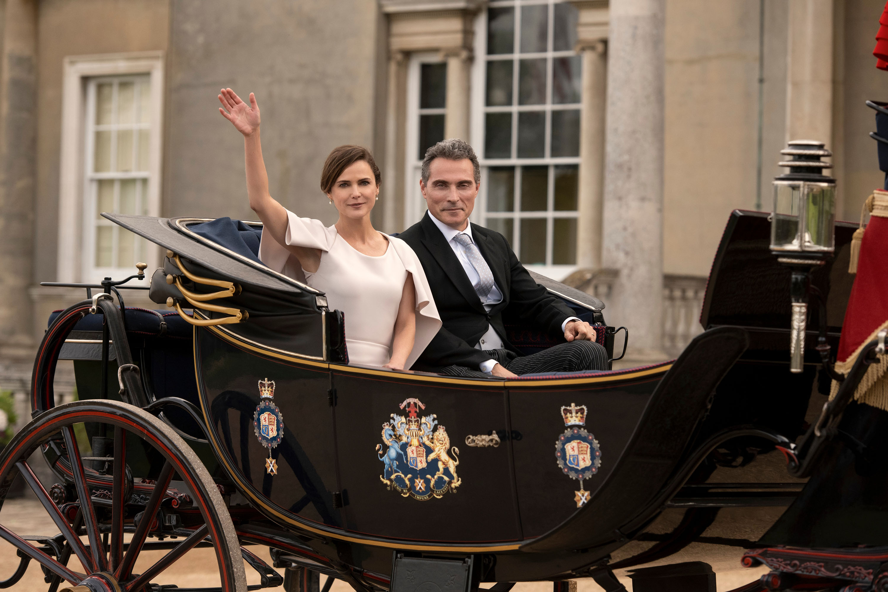 Keri Russell, left, as Kate Wyler and Rufus Sewell as Hal Wyler in "The Diplomat." (Alex Bailey/Netflix/TNS)