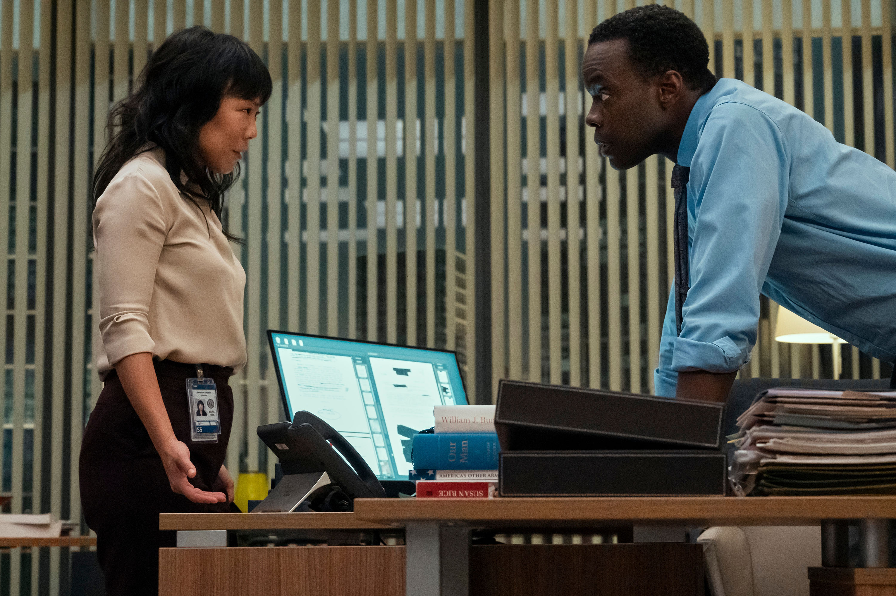 Ali Ahn, left, and Stuart Heyford in "The Diplomat." (Alex Bailey/Netflix/TNS)