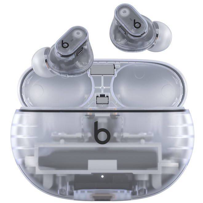 Translucent-gray earpods and their charging case