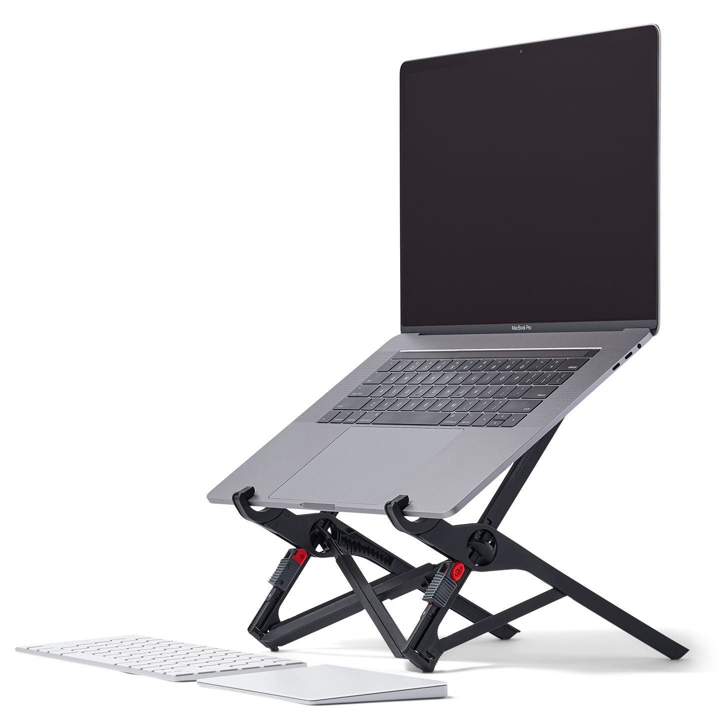a laptop on a stand that raises it's screen viewing height