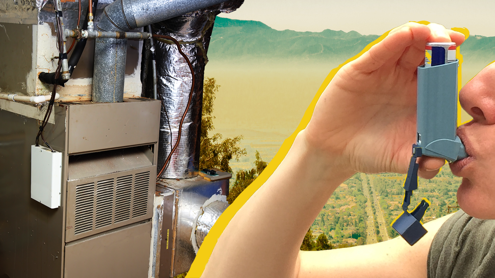 A collage of images of smog in LA, a gas furnace and a person using an inhaler.