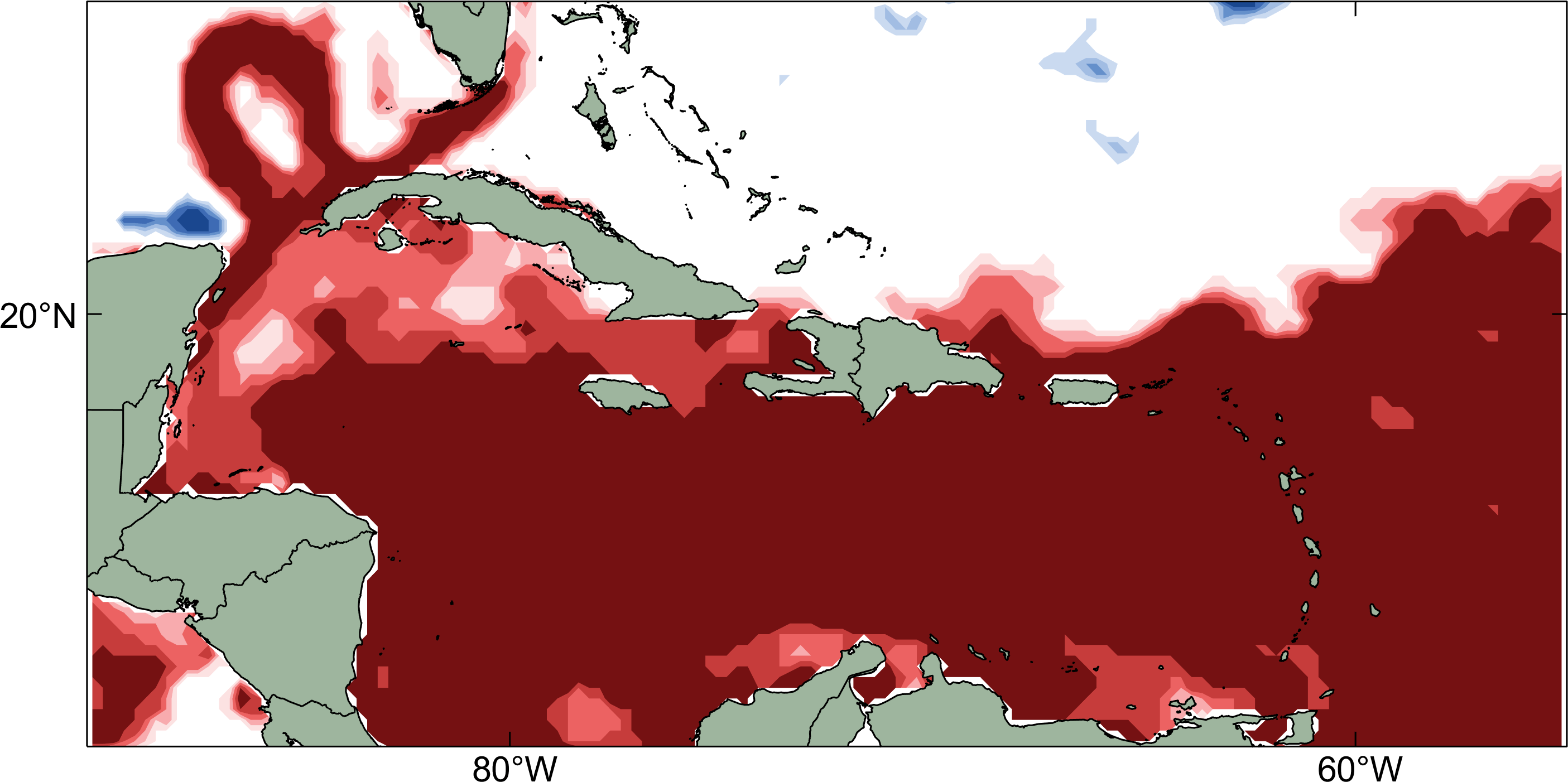 map showing record warm temperatures in the Caribbean