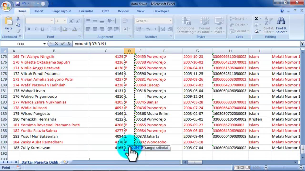 gambar menghitung jumlah sel yang tidak kosong di excel