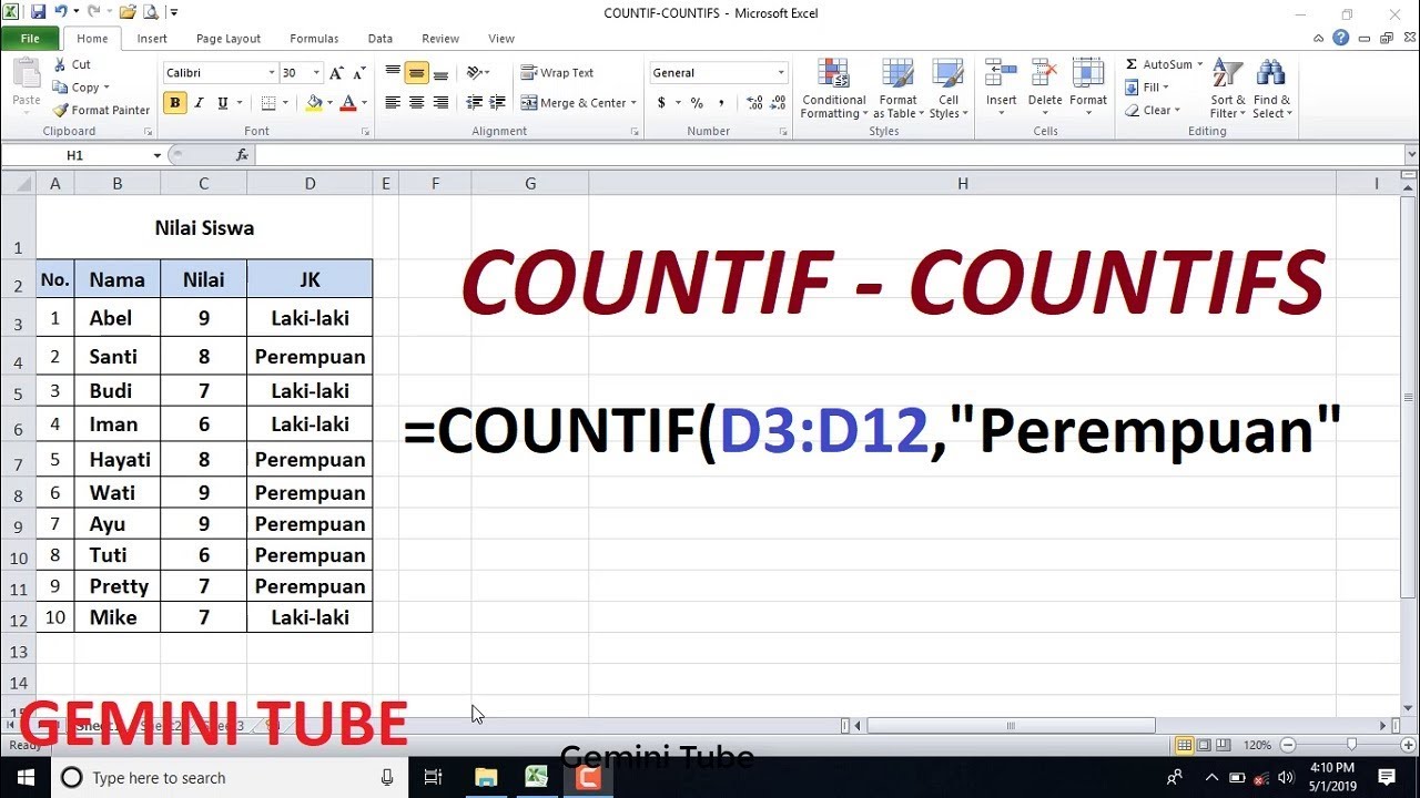 Contoh penggunaan rumus COUNT pada Excel