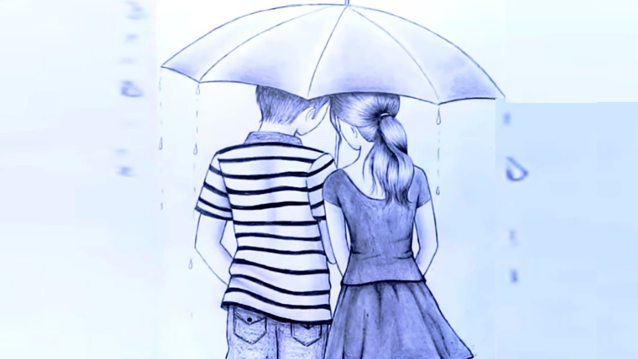 How To Draw Couple With Umbrella Romantic Couple Pencil Sketch