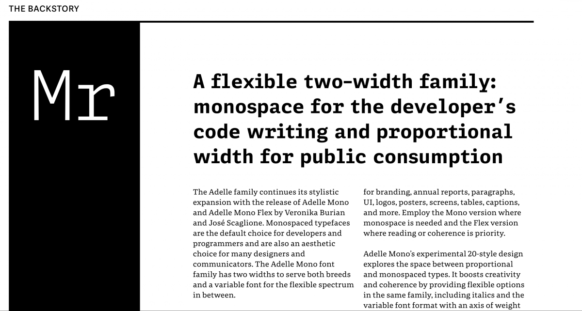 Screen shot, Adelle Mono display page from TypeTogether’s website.