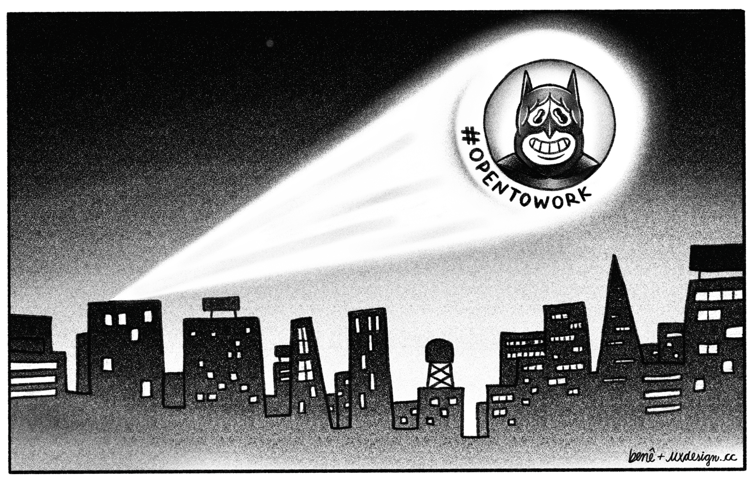 A bat signal symbolizes a designer putting themselves out there as being willing to take on work.