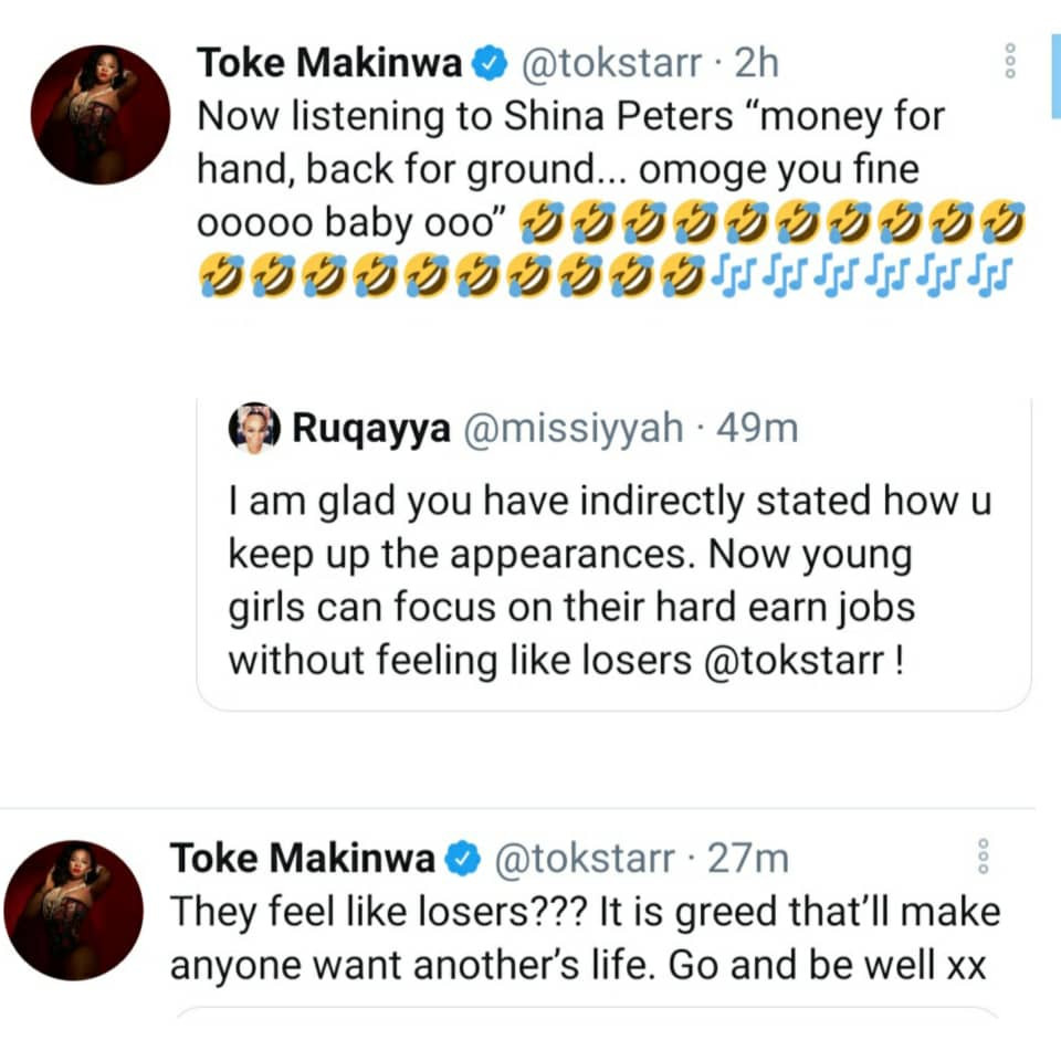 Toke Makinwa reacts as Twitter users slam her for equating money from men to sex from women