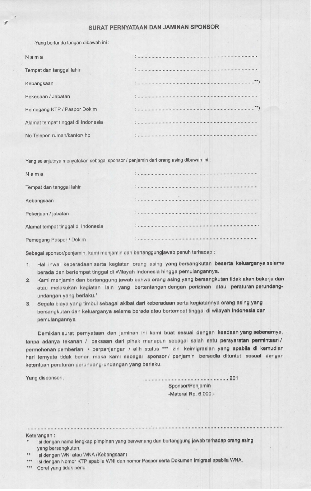 Contoh Surat Sponsor Permohonan Kitas