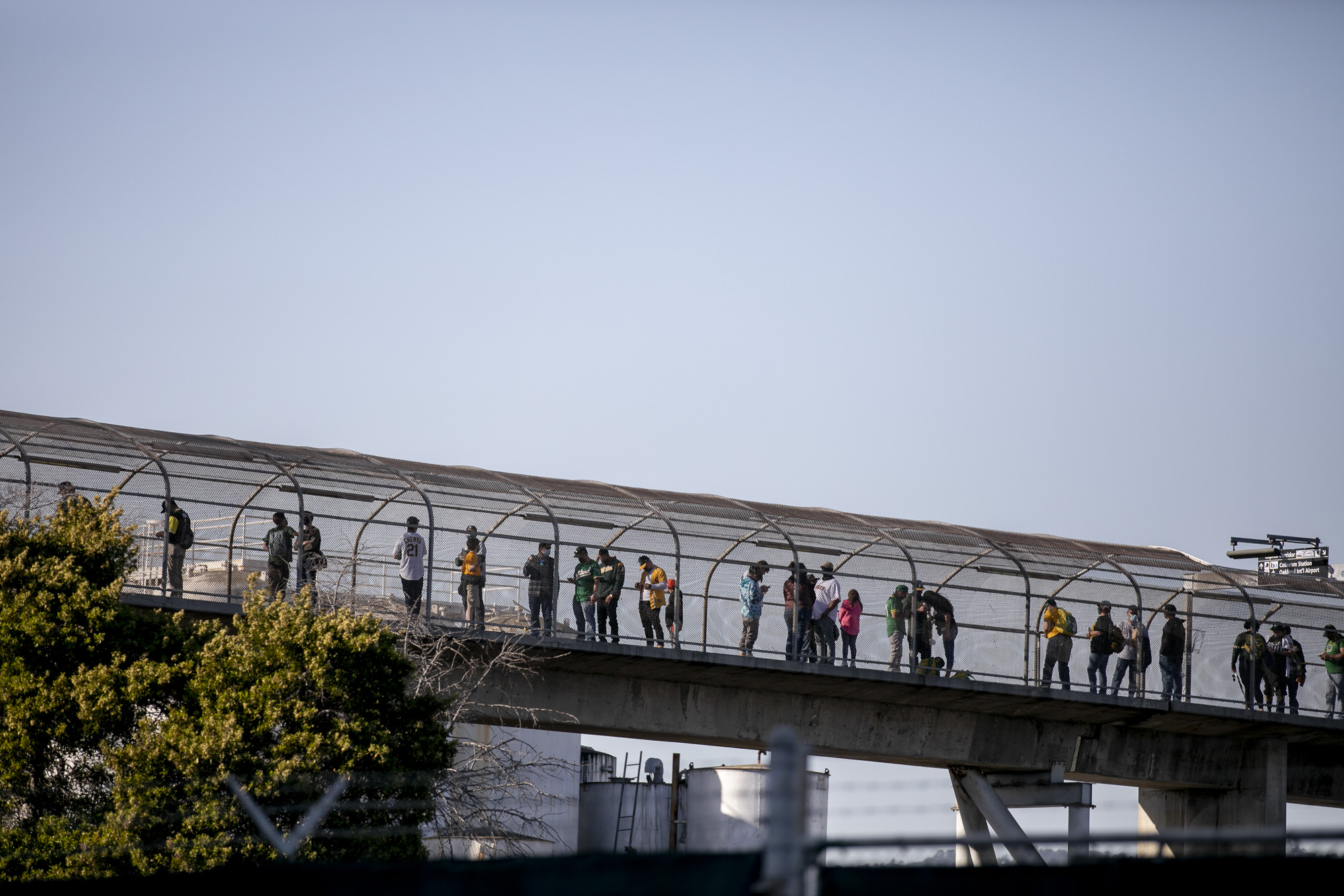 Fans distance as they wait to enter Oakland Coliseum before the season opener on April 1, 2021. The ball park opened to fans for the first time since October 2019. Photo by Anne Wernikoff, CalMatters