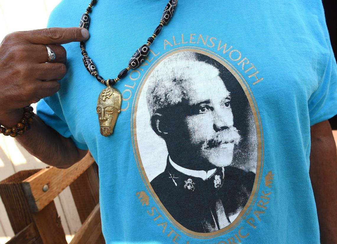 The image of Colonel Allen Allensworth, founder of Allensworth, is displayed on a t-shirt, at the rededication of Allensworth State Historical Park, Wed. Aug. 26, 2021. Photo by John Walker, The Fresno Bee