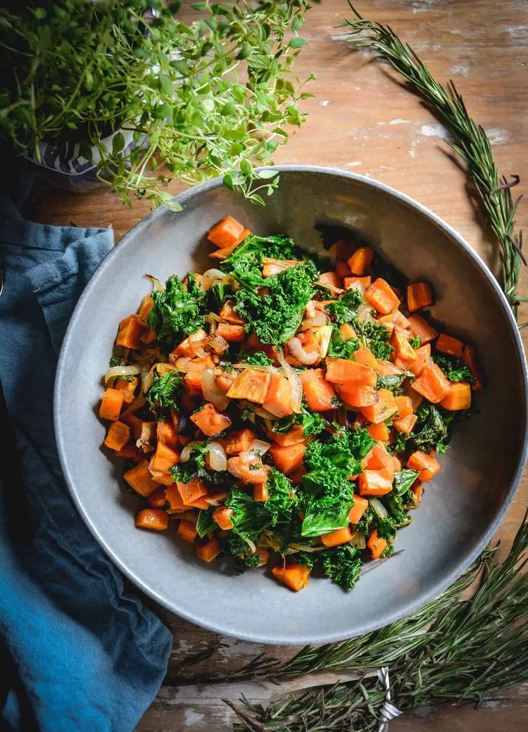 Sweet Potatoes with Kale and Caramelized Onions