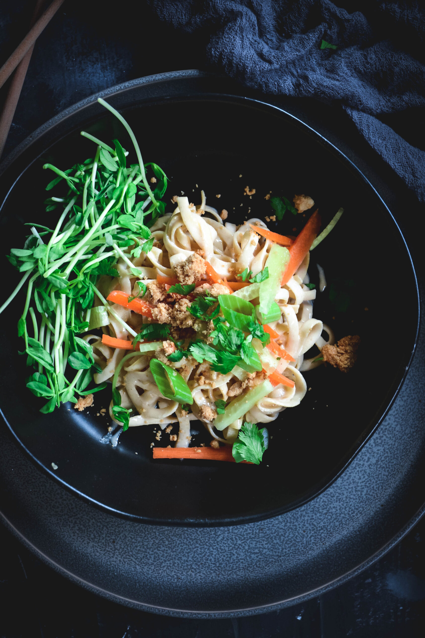 Rutabaga Noodles with Tahini Sauce and Cashew Crumble