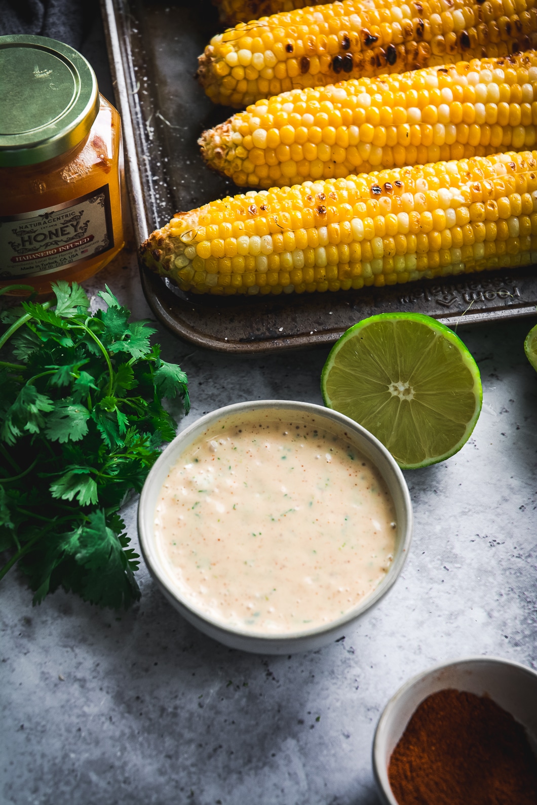 Grilled Corn with habanero mayo, honey, lime and cilantro