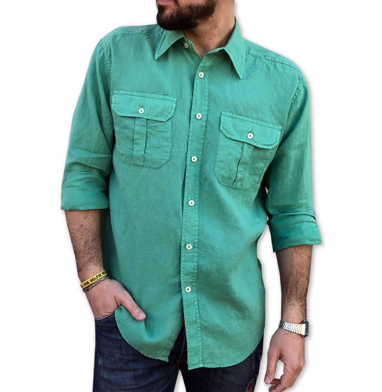 Puro Lino Camicia Uomo Doppio Taschino Manica Lunga Tg M L Xl Xxl 3xl E 4xl Primavera Estate Camicie Dintorni