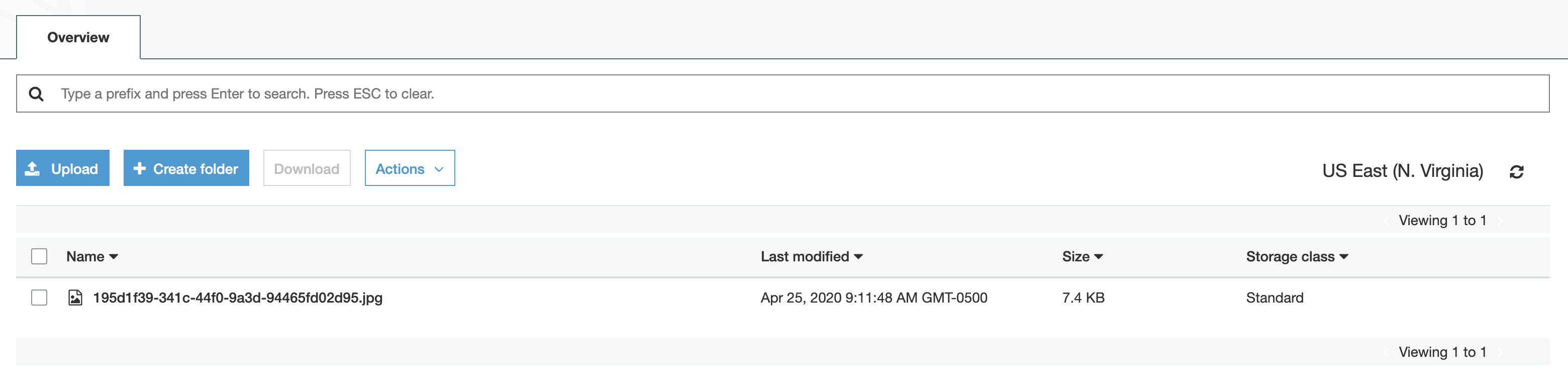 Screenshot of the AWS interface for buckets showing an uploaded file in a bucket that came from the Lambda function.