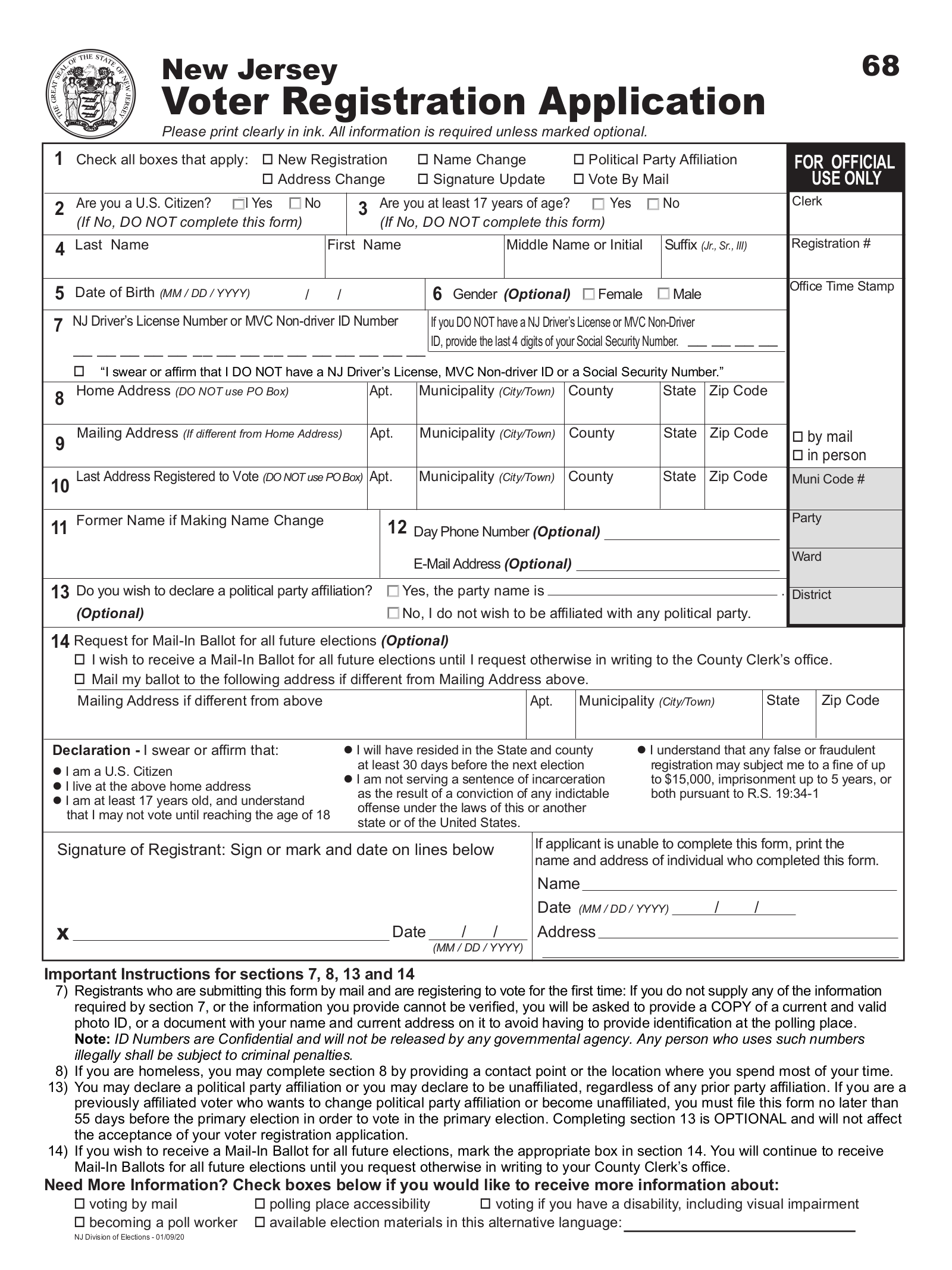 Free New Jersey Voter Registration Form Register To Vote In Nj Pdf Eforms