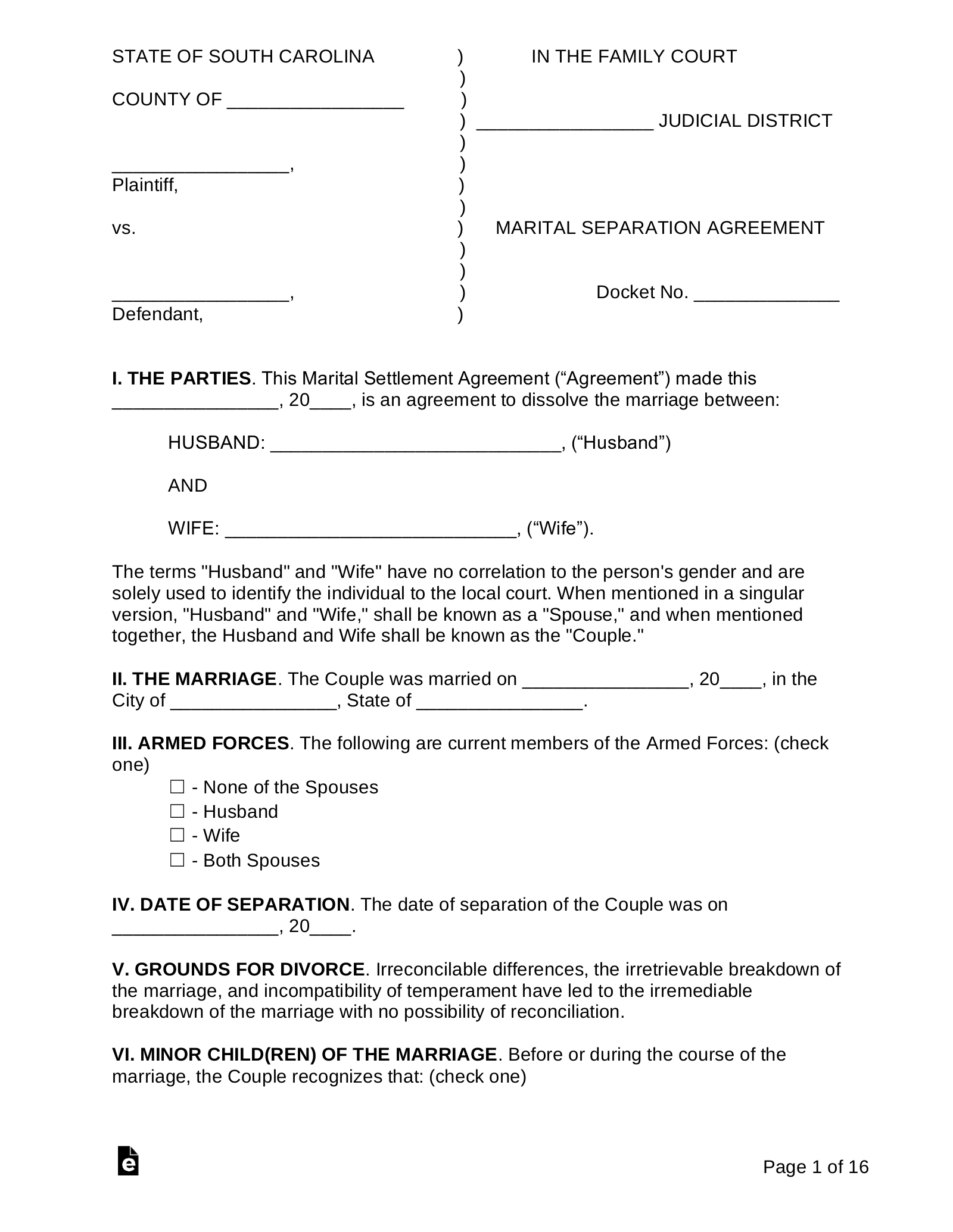 Free South Carolina Marital Settlement Divorce Agreement Word Pdf Eforms
