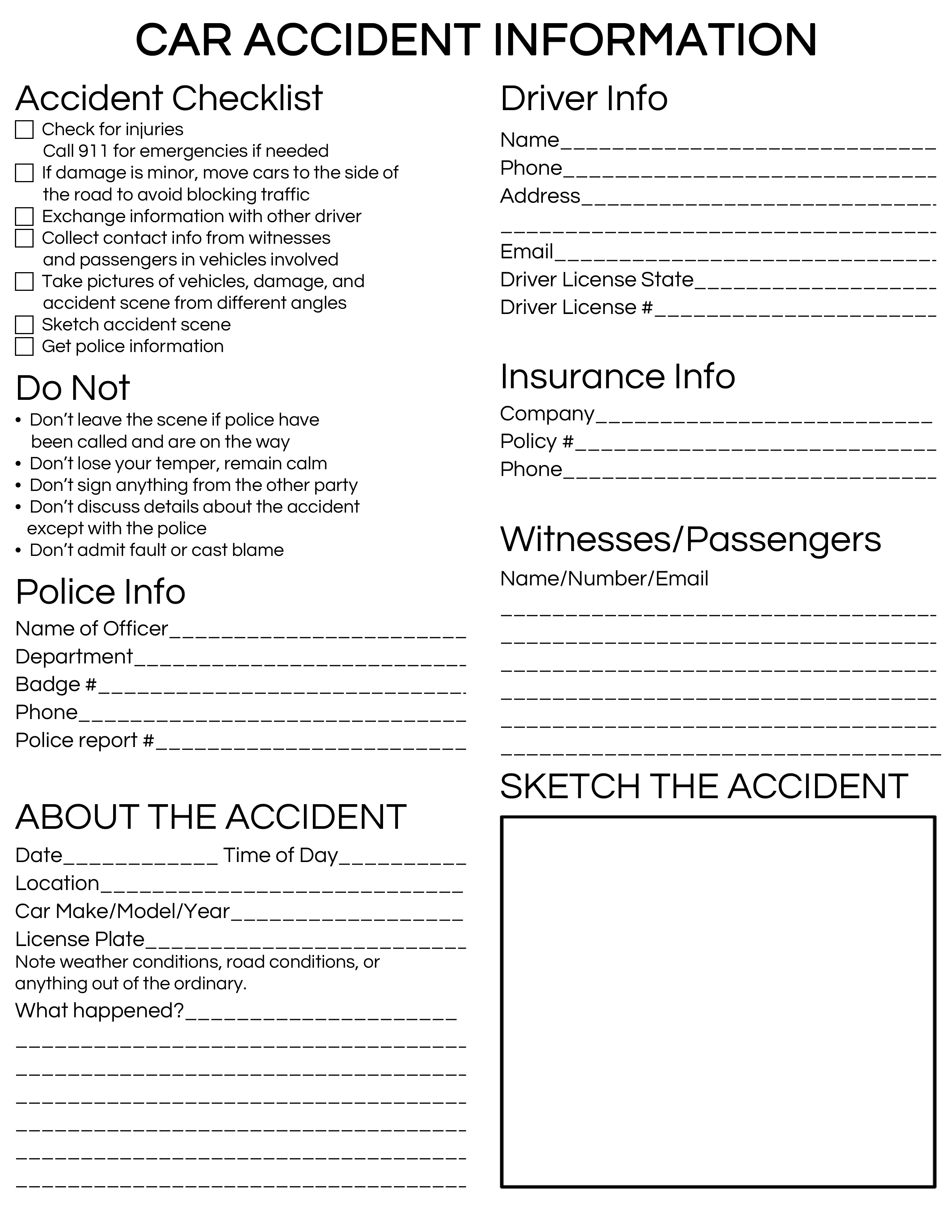 Printable Car Accident Checklist