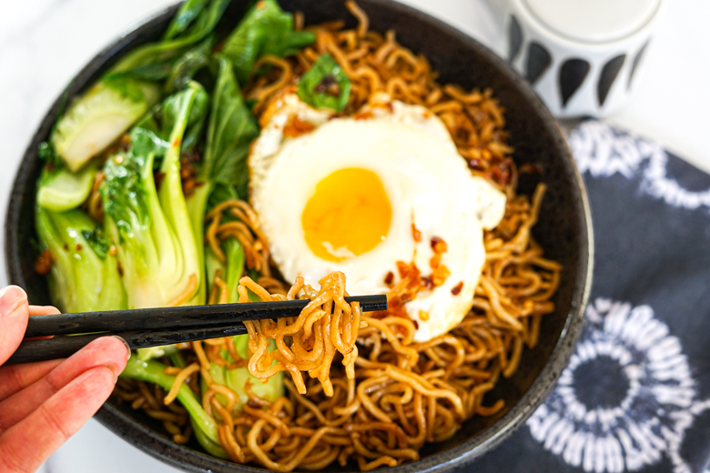 Chili Crisp Yakisoba - Pan fried noodles with bok choy and chili crisp fried egg.