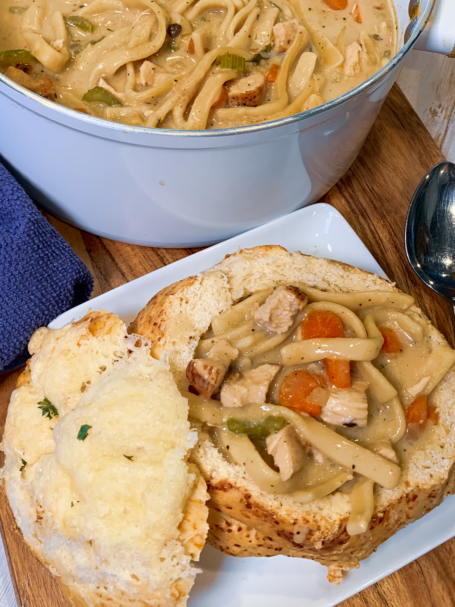Creamy Homemade Chicken Noodle Soup In a Bread Bowl