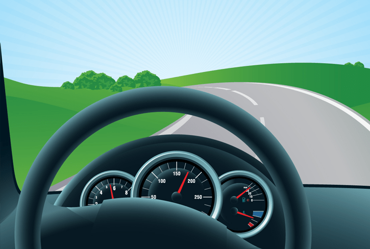 Illustration of cockpit of a car looking out onto a road disappearing on the horizon