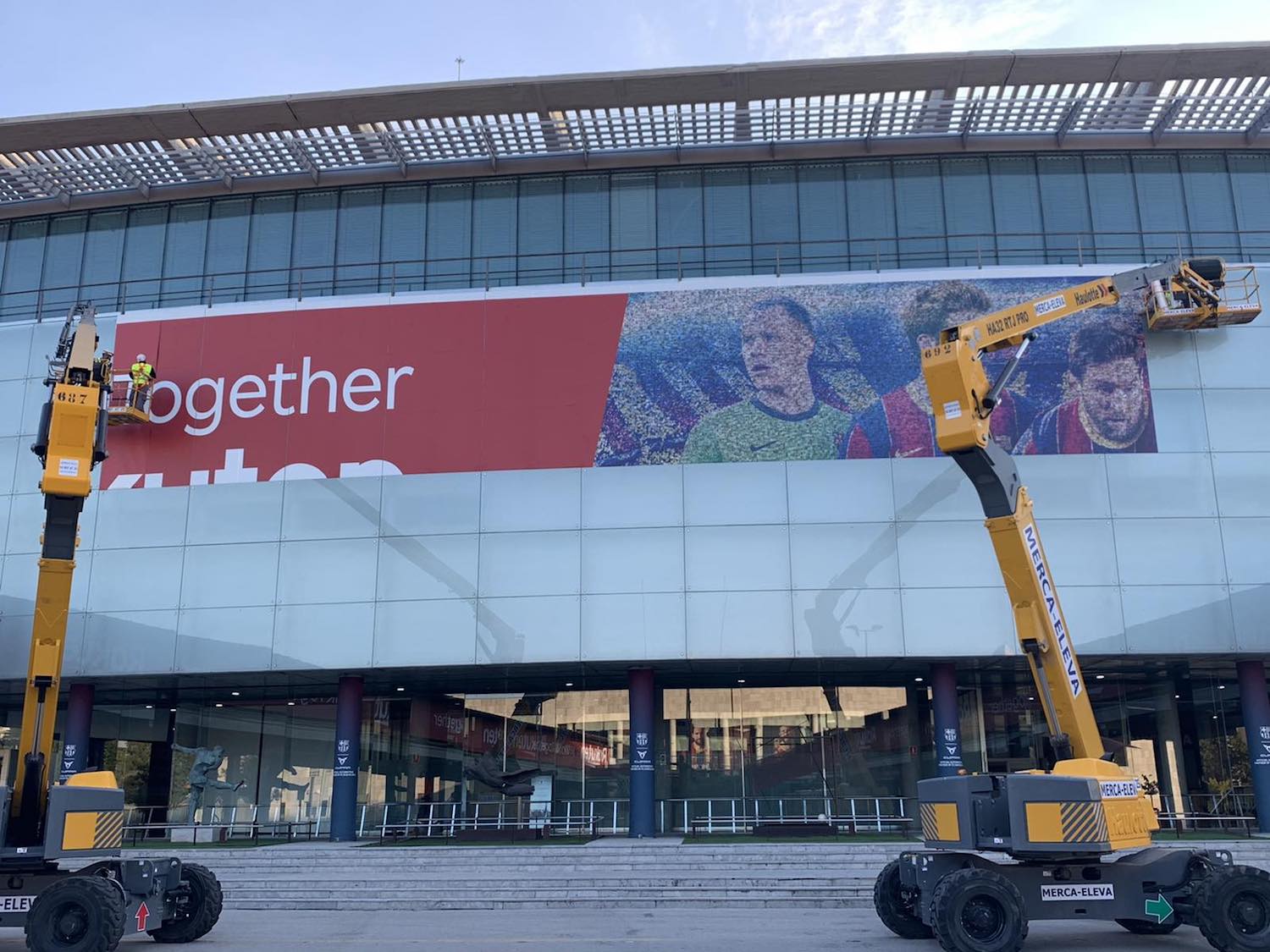 Work-in-progress: The Big Picture being installed on the main facade of Camp Nou stadium days before its unveiling.