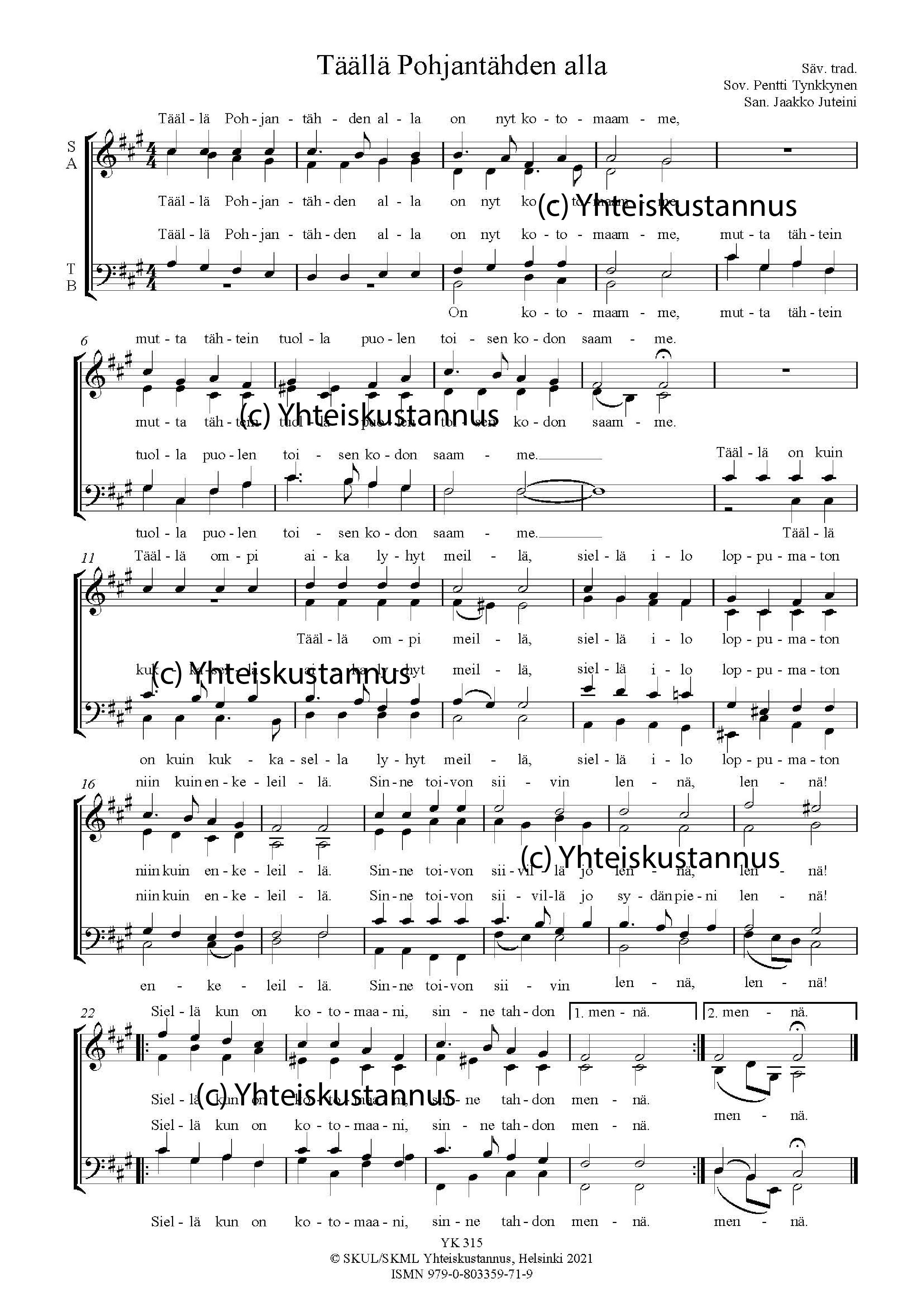 Yk315 Taalla Pohjantahden Alla Satb Suomen Kirkkomusiikkiliitto Ry