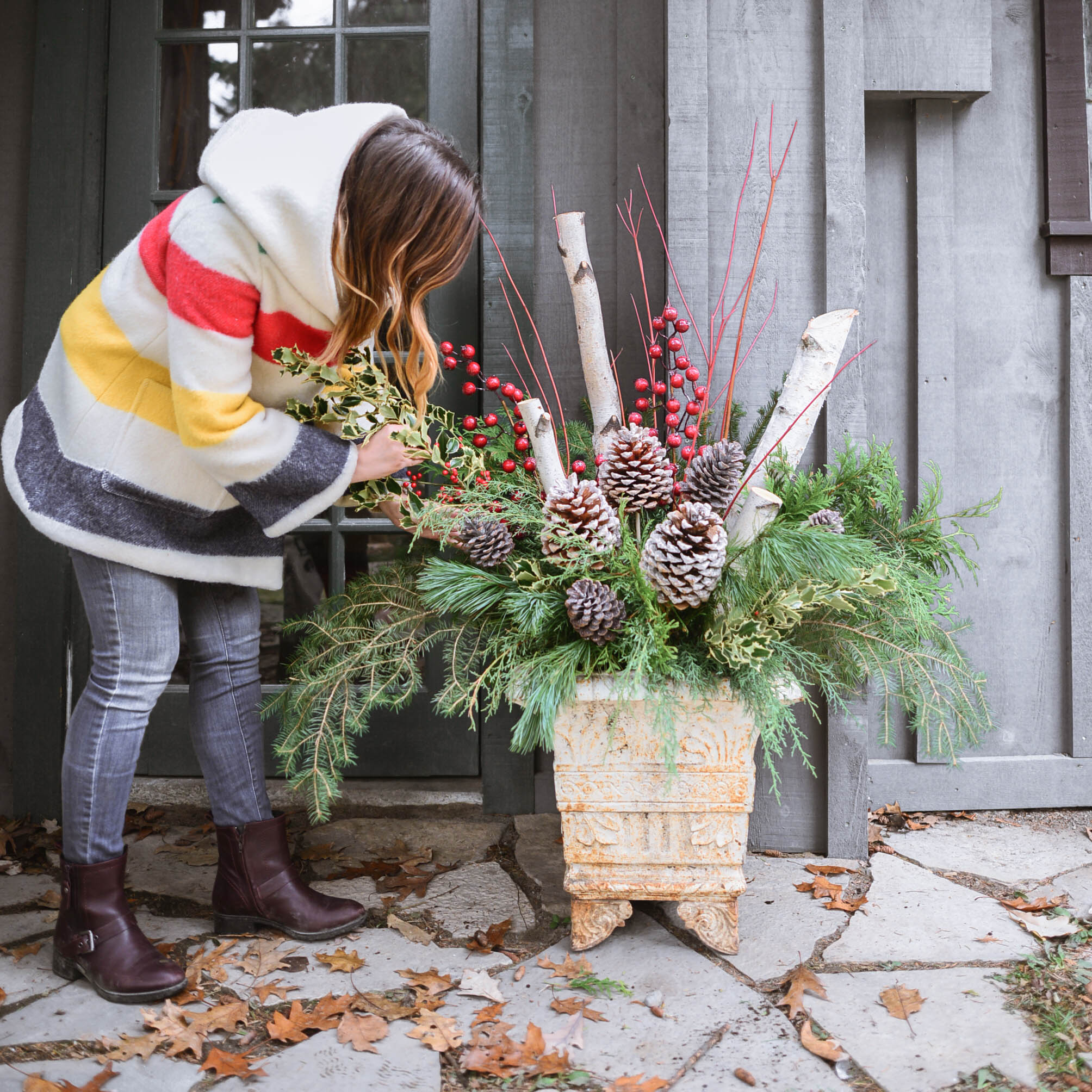 How To Make Outdoor Christmas Planters Using Evergreen Boughs Threads Blooms