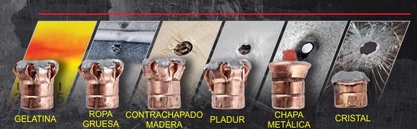Expansión de un proyectil de punta hueca Hornady Critical Duty tras atravesar diferentes materiales.