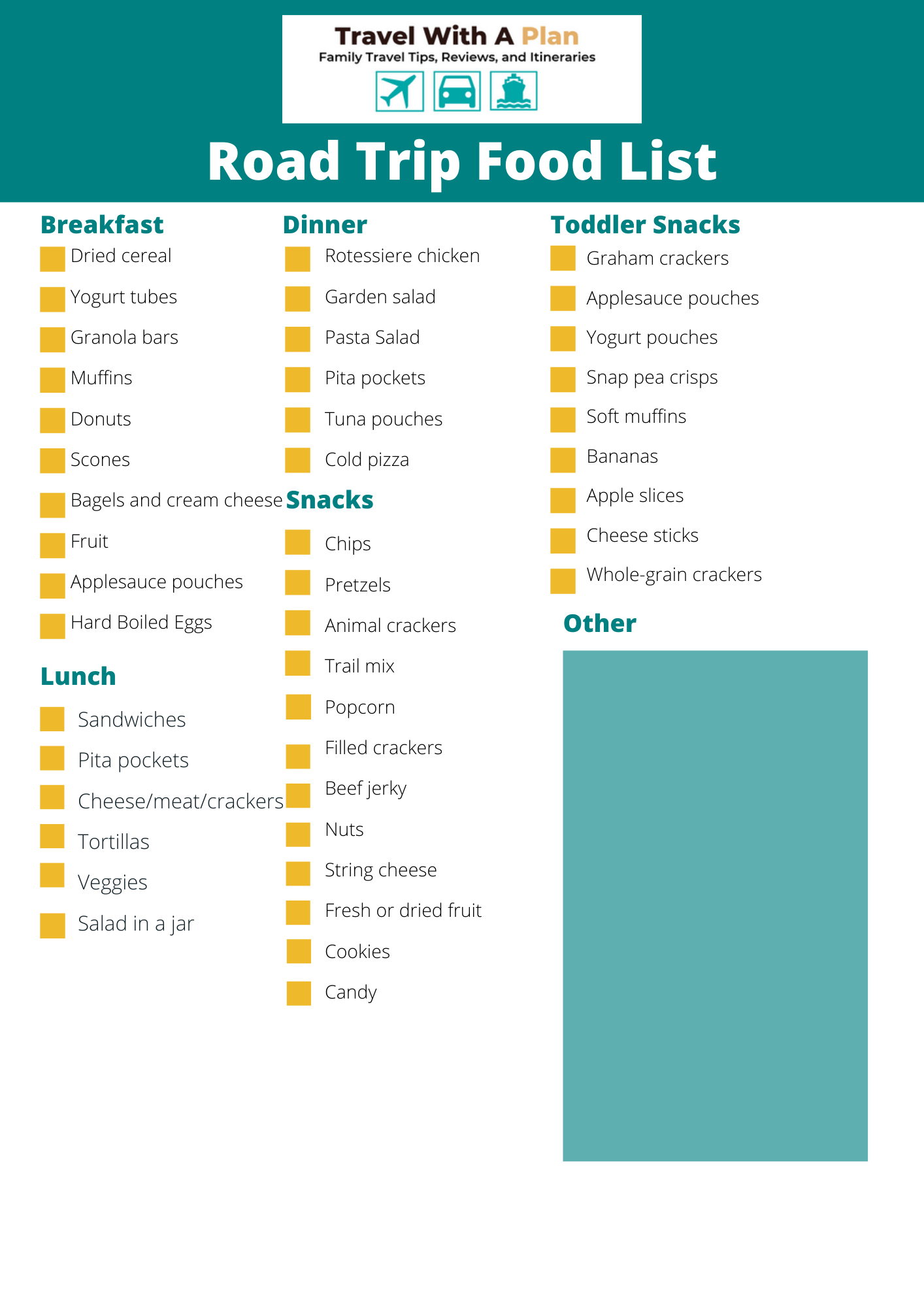 Road tripping is one of our favorite family vacations! Get our awesome road trip food list that includes ideas for meals and snacks on-the-go and a printable checklist to take to the grocery store! #roadtripfoodlist #bestroadtripfoods #roadtripsnackideas #toddlerroadtripsnacks #healthyroadtripsnacks #roadtripmeals