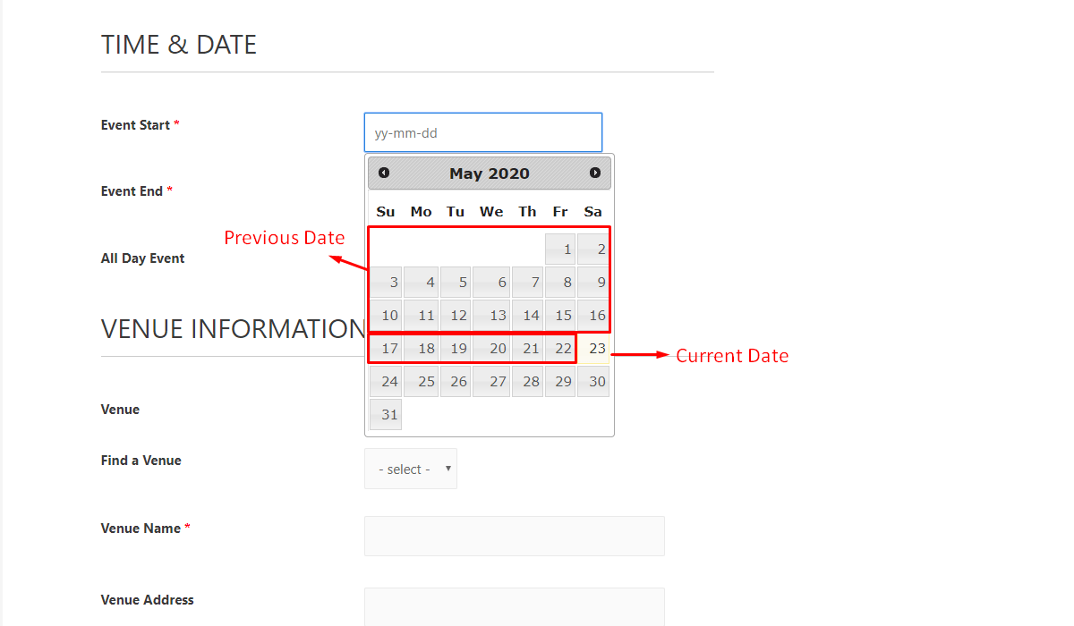 How to prevent users to select older date on The Events Calendar 1 How to prevent users to select older date on The Events Calendar 1