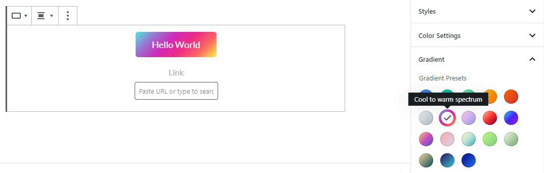 Screenshot of using the gradient background on the button block in Gutenberg.