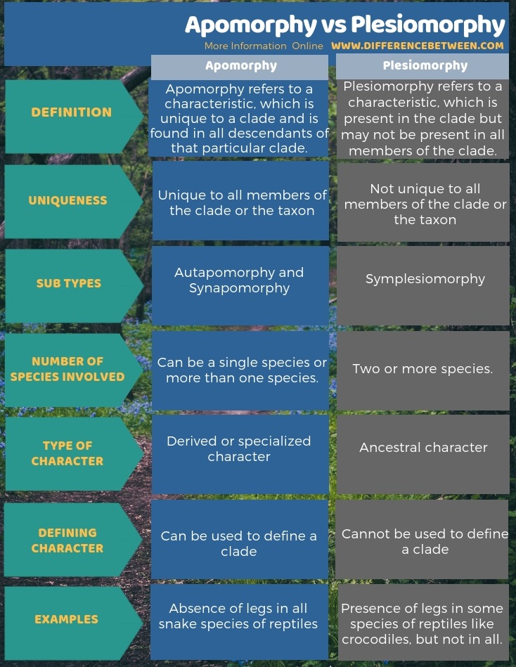 Difference Between Apomorphy and Plesiomorphy in Tabular Form