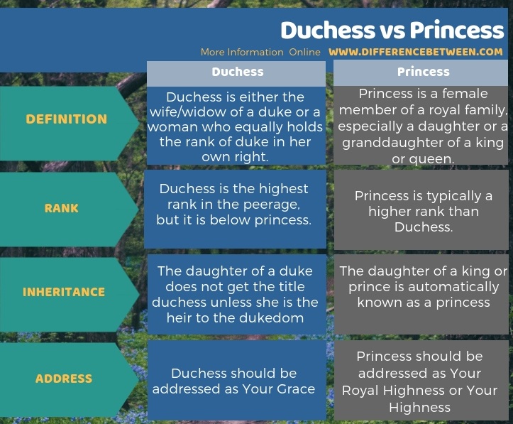 Difference Between Duchess and Princess - Tabular Form