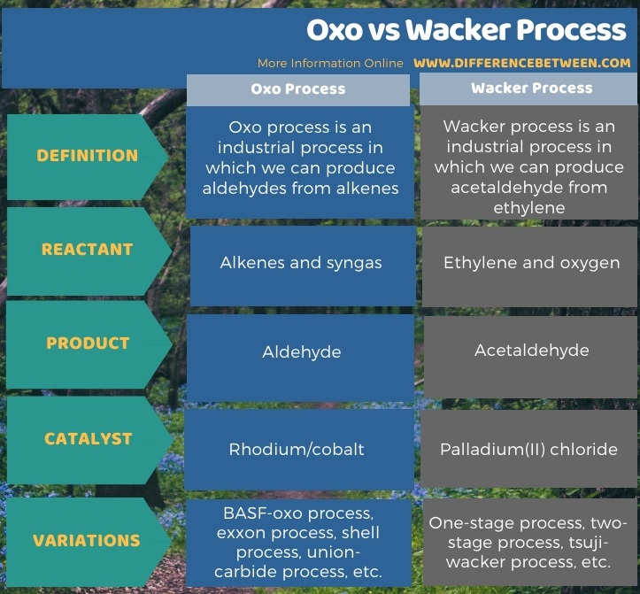 Difference Between Oxo and Wacker Process in Tabular Form