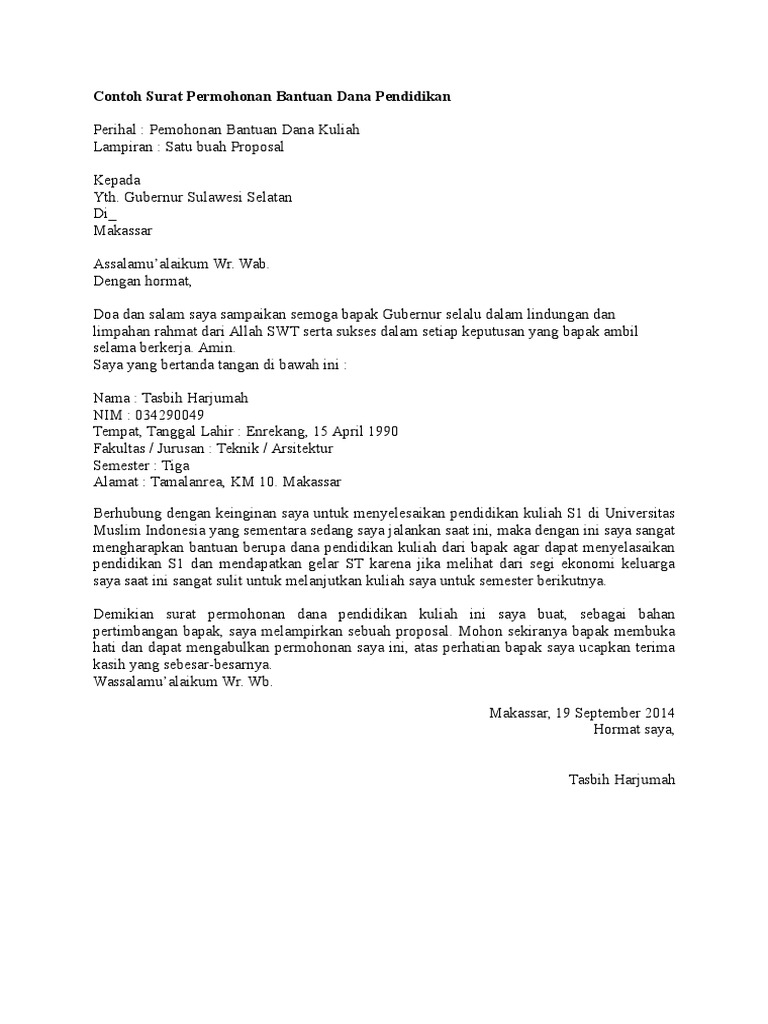 Dengan ini mengajukan permohonan bantuan kepada bapak ibu . Contoh Surat Permohonan Zakat Pendidikan Tinggi