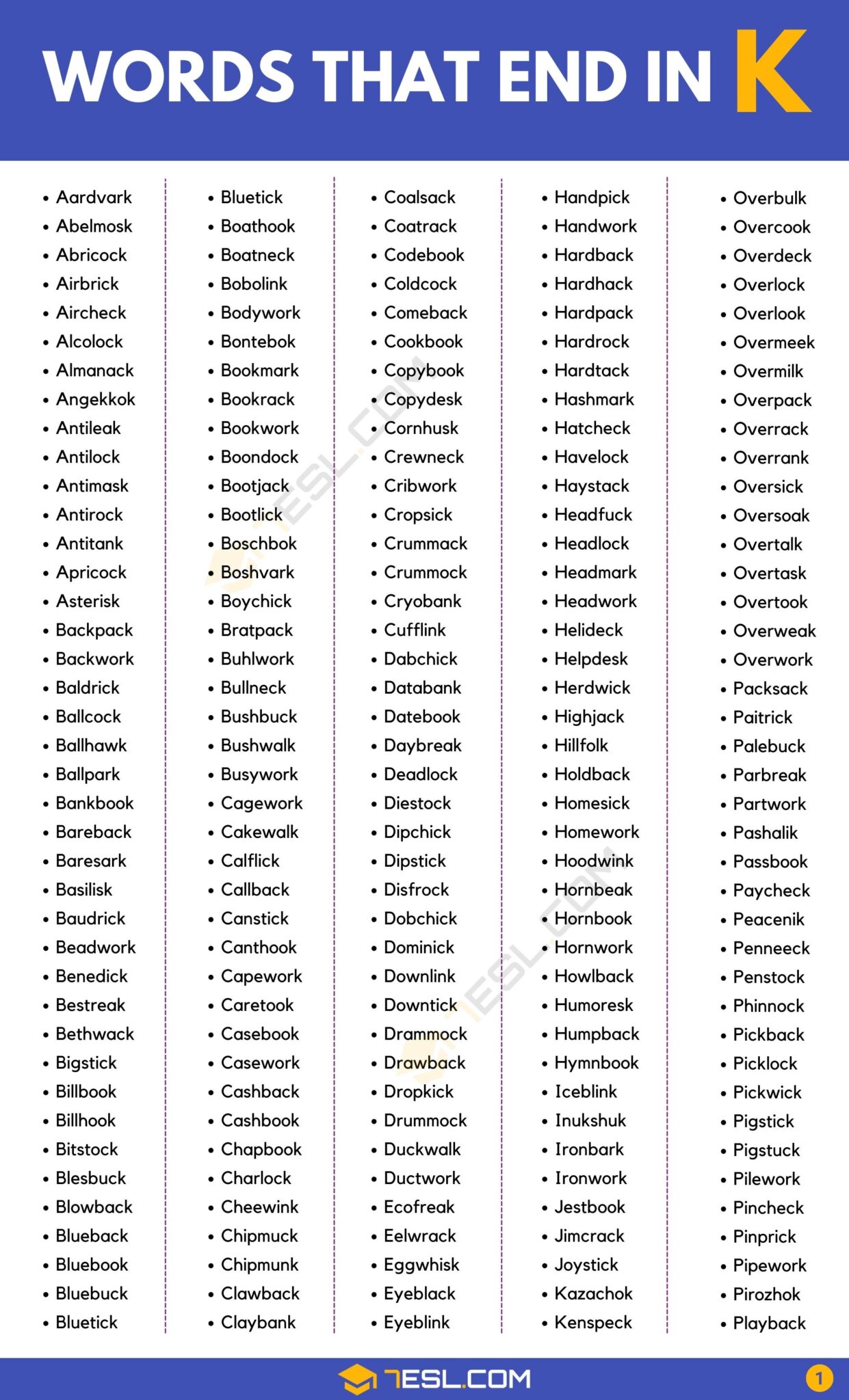 1900+ Words that End in K in English • 7ESL