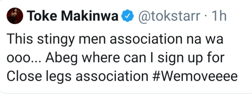 Toke Makinwa reacts as Twitter users slam her for equating money from men to sex from women