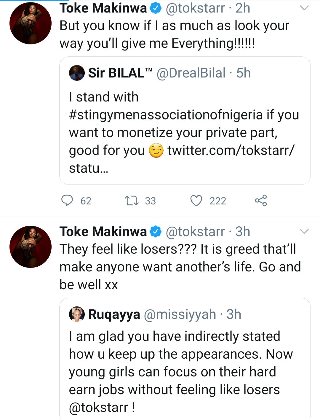 Toke Makinwa reacts as Twitter users slam her for equating money from men to sex from women