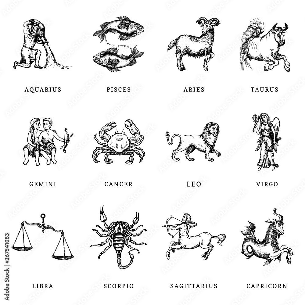 Vecteur Stock Zodiac symbols set, hand drawn in engraving style. Vector graphic retro