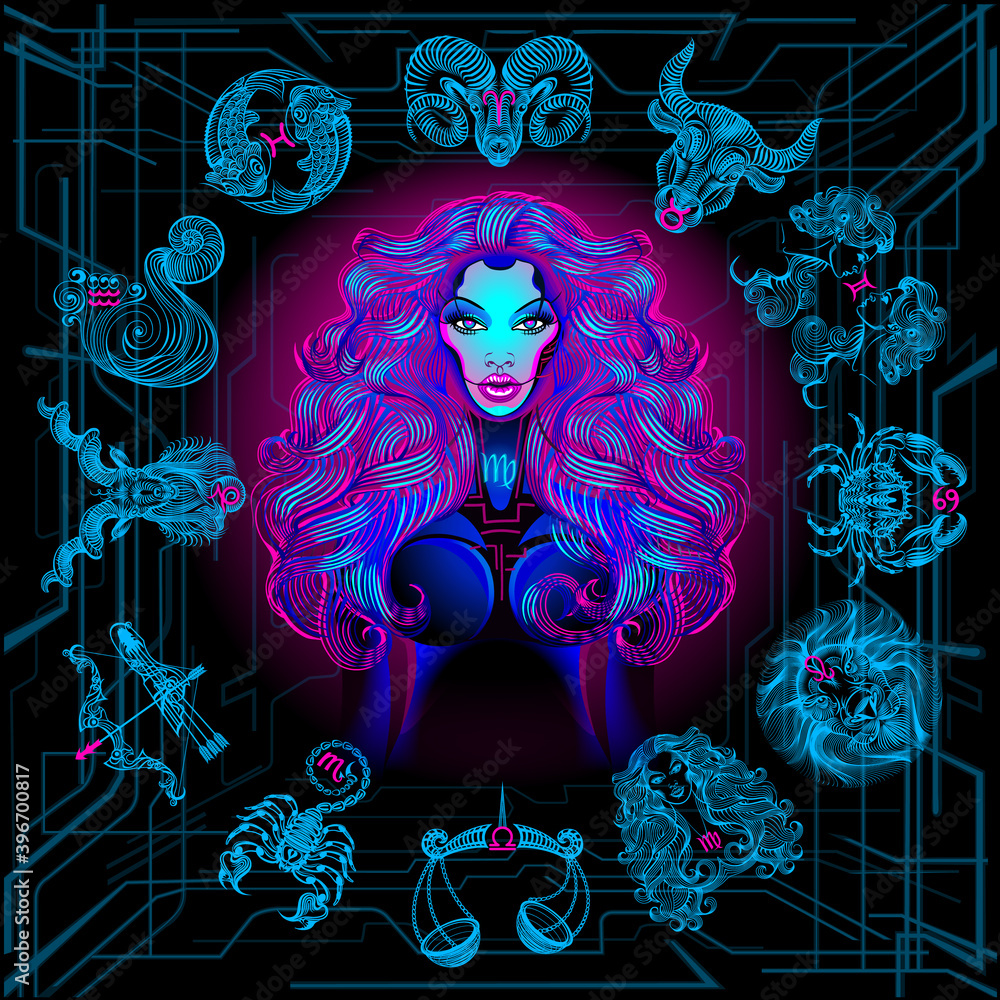 Zodiac circle of the girl of the future. Zodiac sign Virgo. Neon illustrations on a black