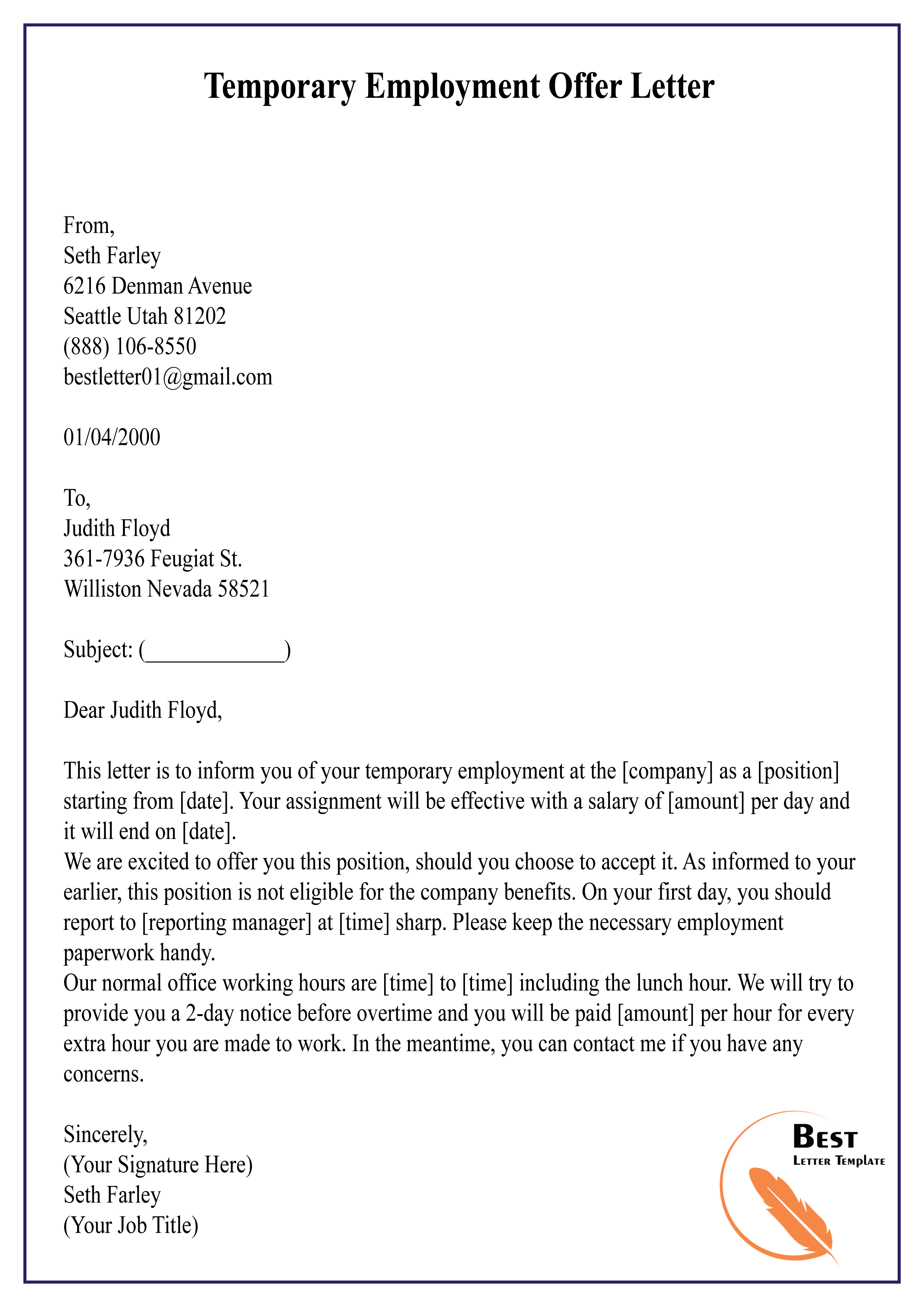 Employment Offer Letter Example Database Letter Template