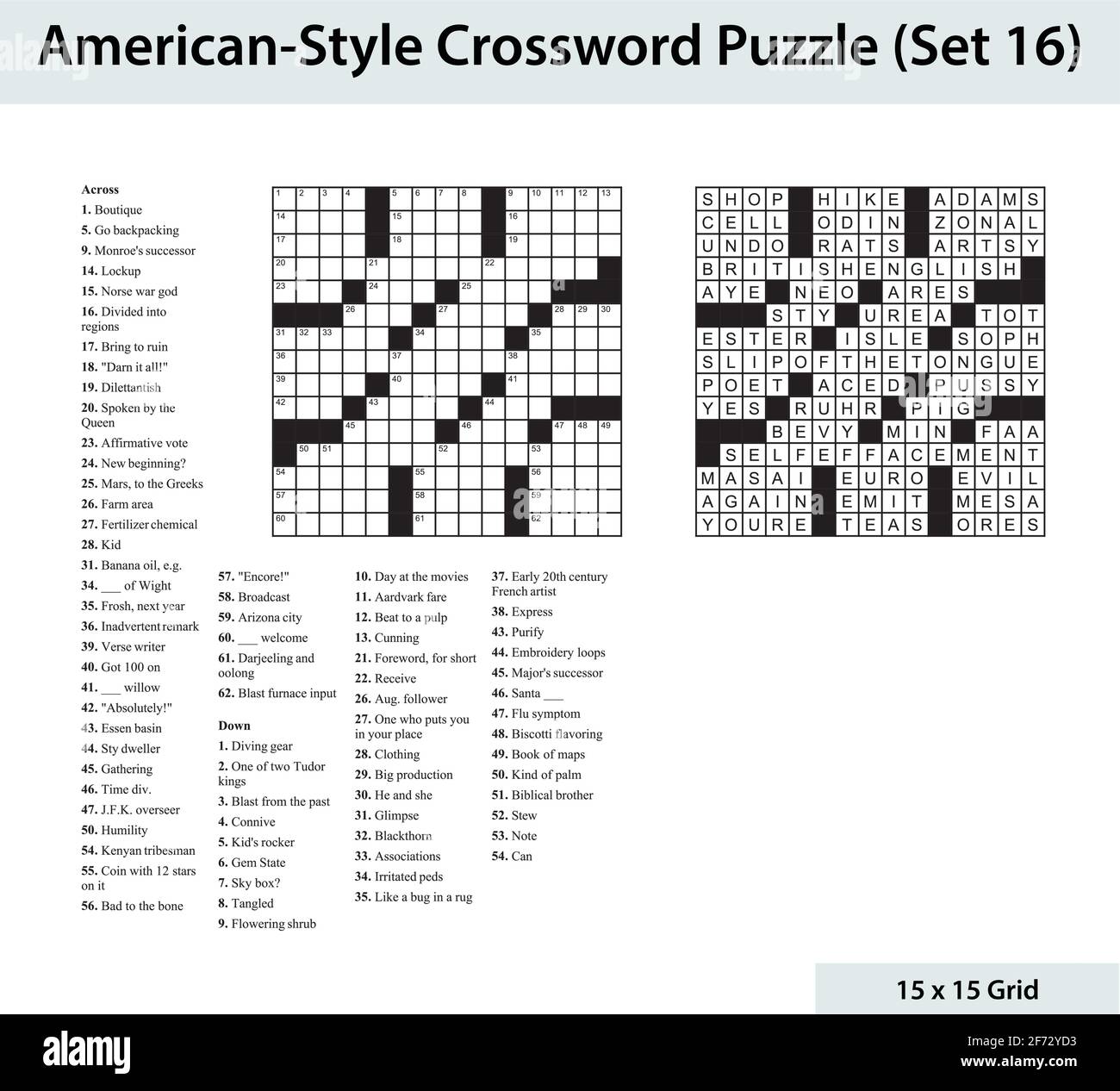 American style crossword puzzle with a 15 x 15 grid. Includes blank